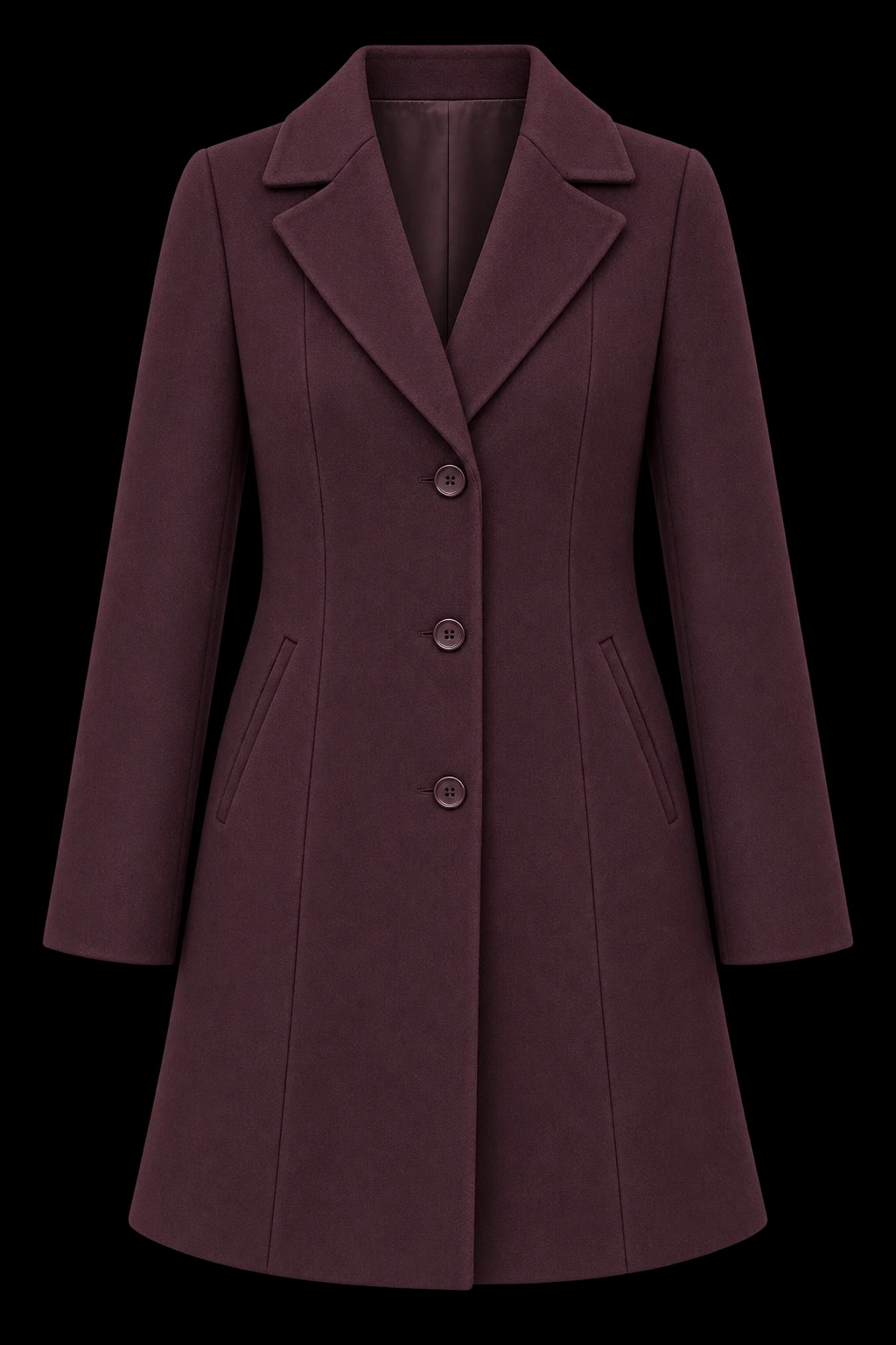 Deep aubergine tailored wool coat with notched lapels and tonal buttons