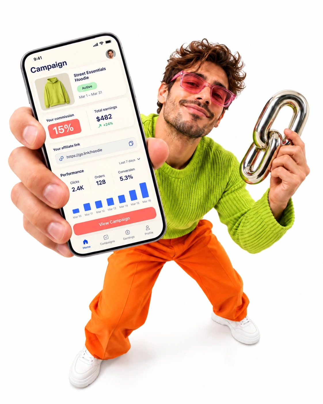 Fashion creator presenting a campaign phone and link