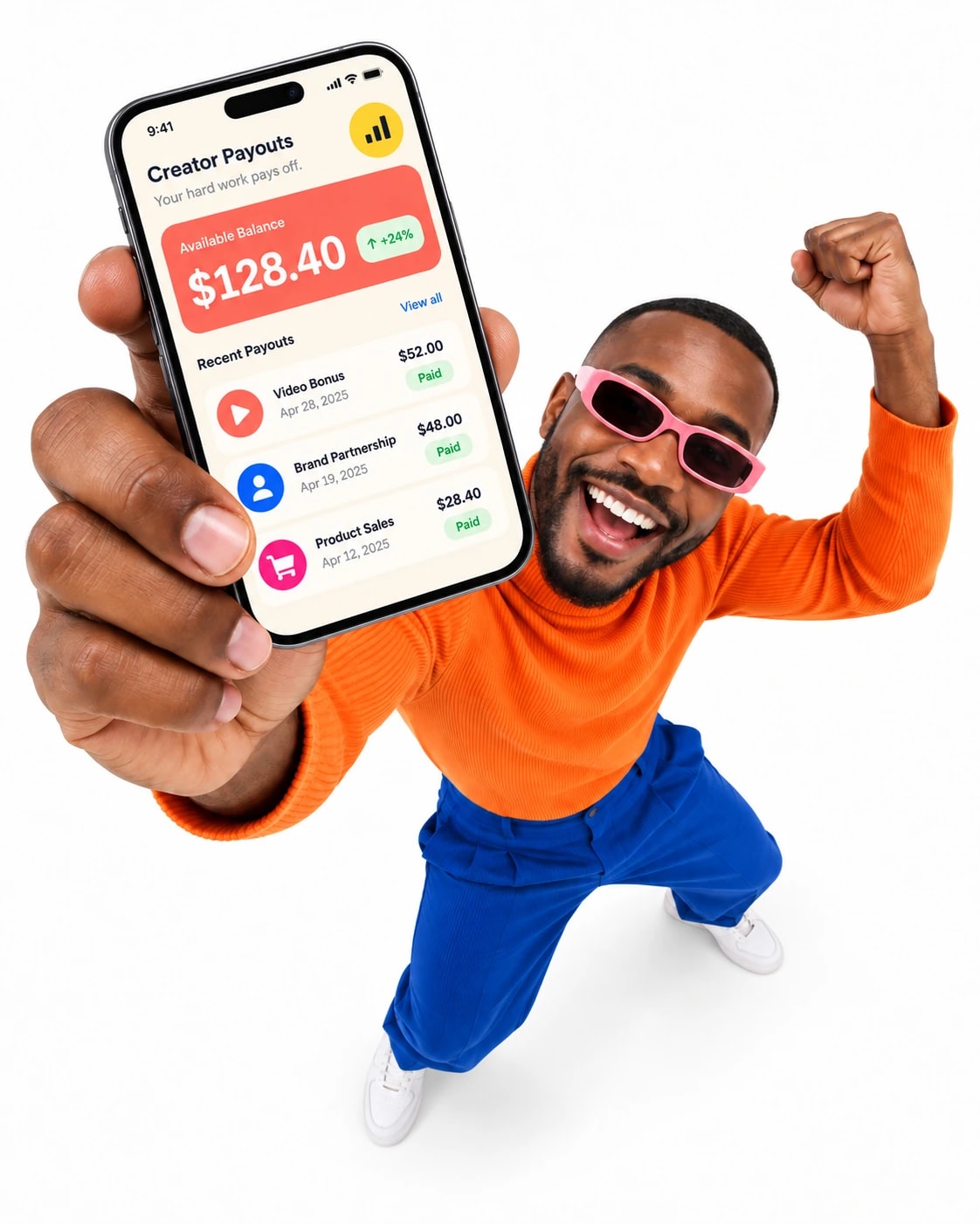 Fashion creator celebrating with a bright payout card