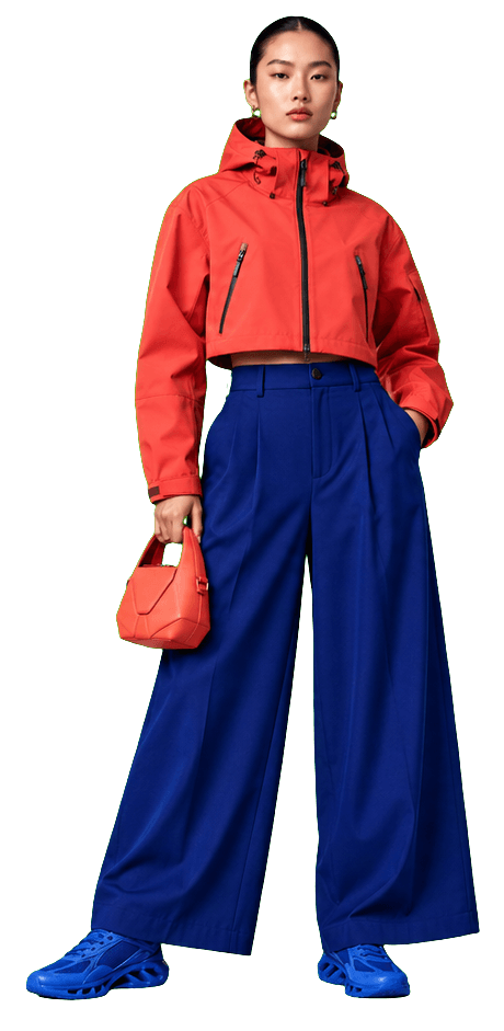 Model wearing a coral technical shell with cobalt trousers and sneakers