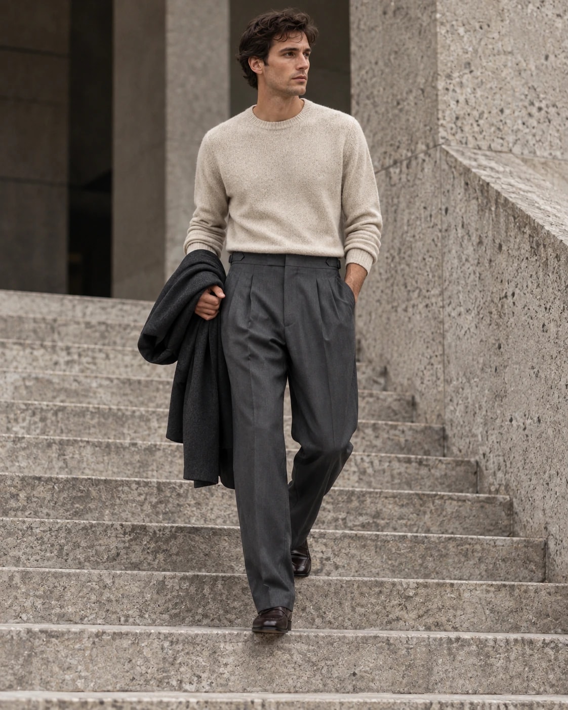 Editorial model wearing or carrying Charcoal Pleated Trouser from the front
