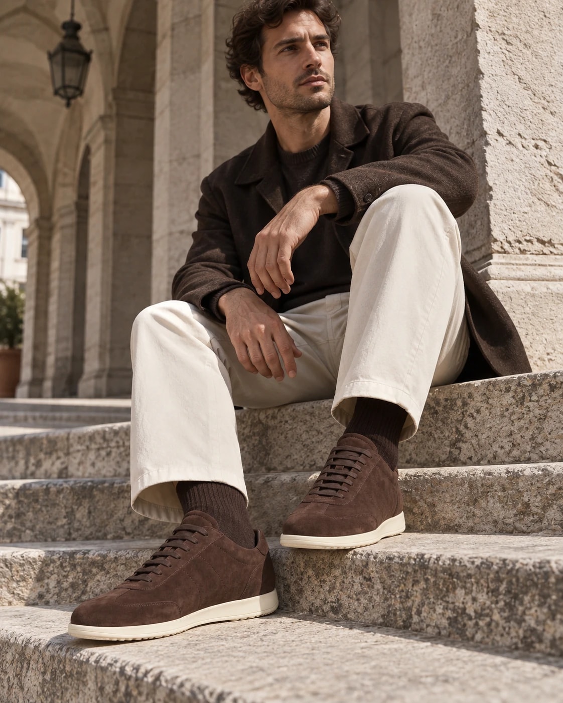 Editorial model wearing or carrying Chocolate Suede Court Sneaker from the front