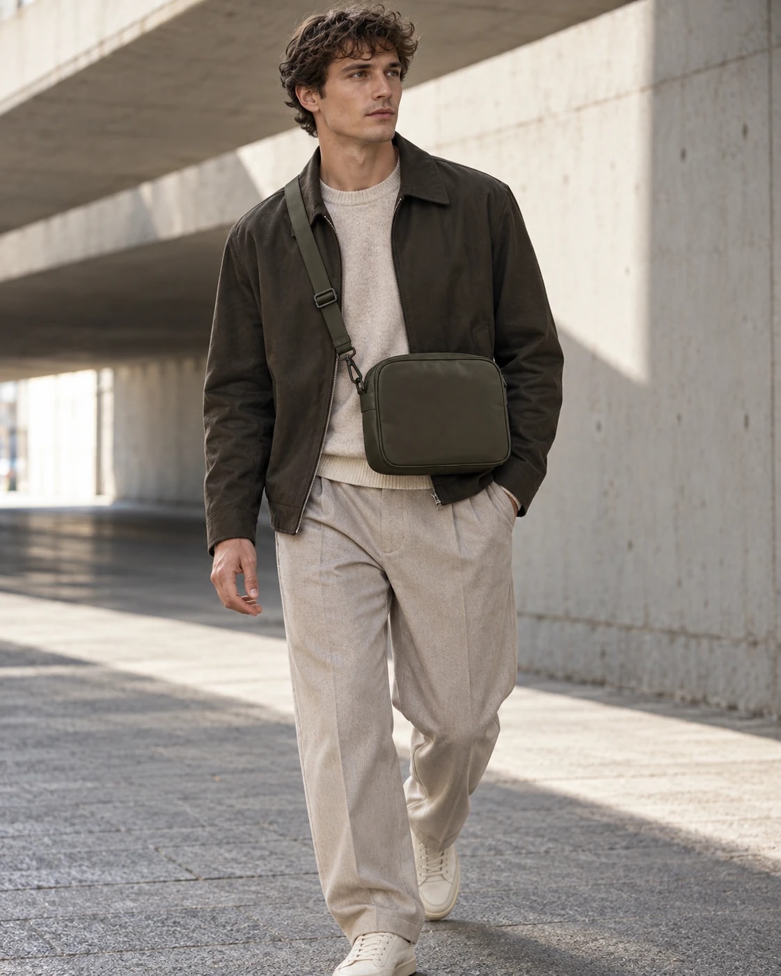 Editorial model wearing or carrying Dark Olive Crossbody Sling from the front