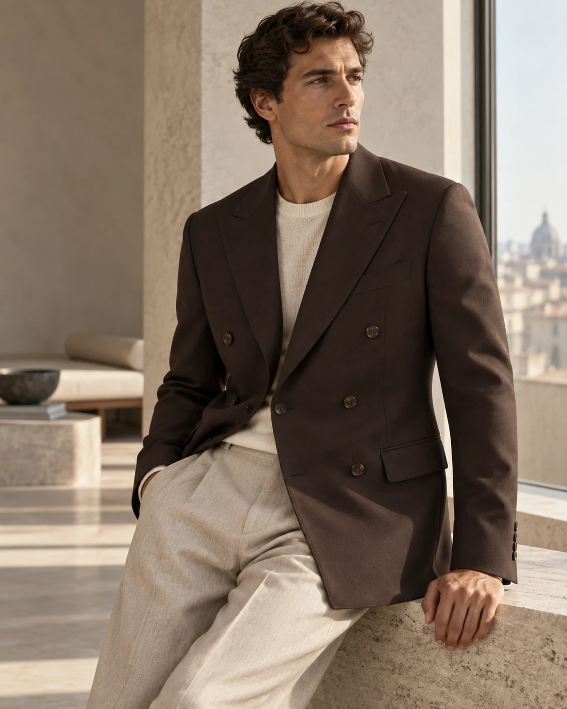Editorial model wearing or carrying Espresso Double-Breasted Blazer from the front
