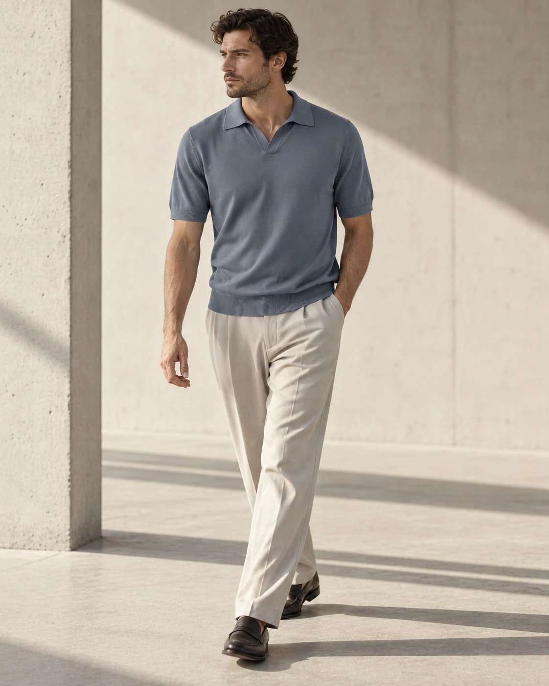 Editorial model wearing or carrying Muted Slate Knit Polo from the front