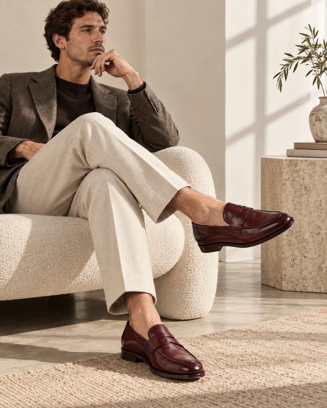 Editorial model wearing or carrying Oxblood Penny Loafer from the front