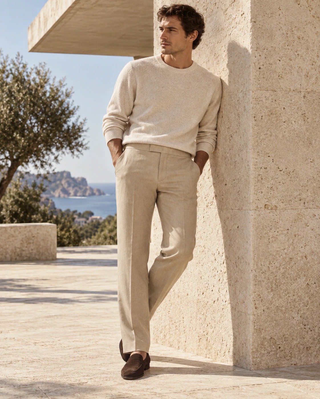 Editorial model wearing or carrying Sand Straight Tailored Trouser from the front