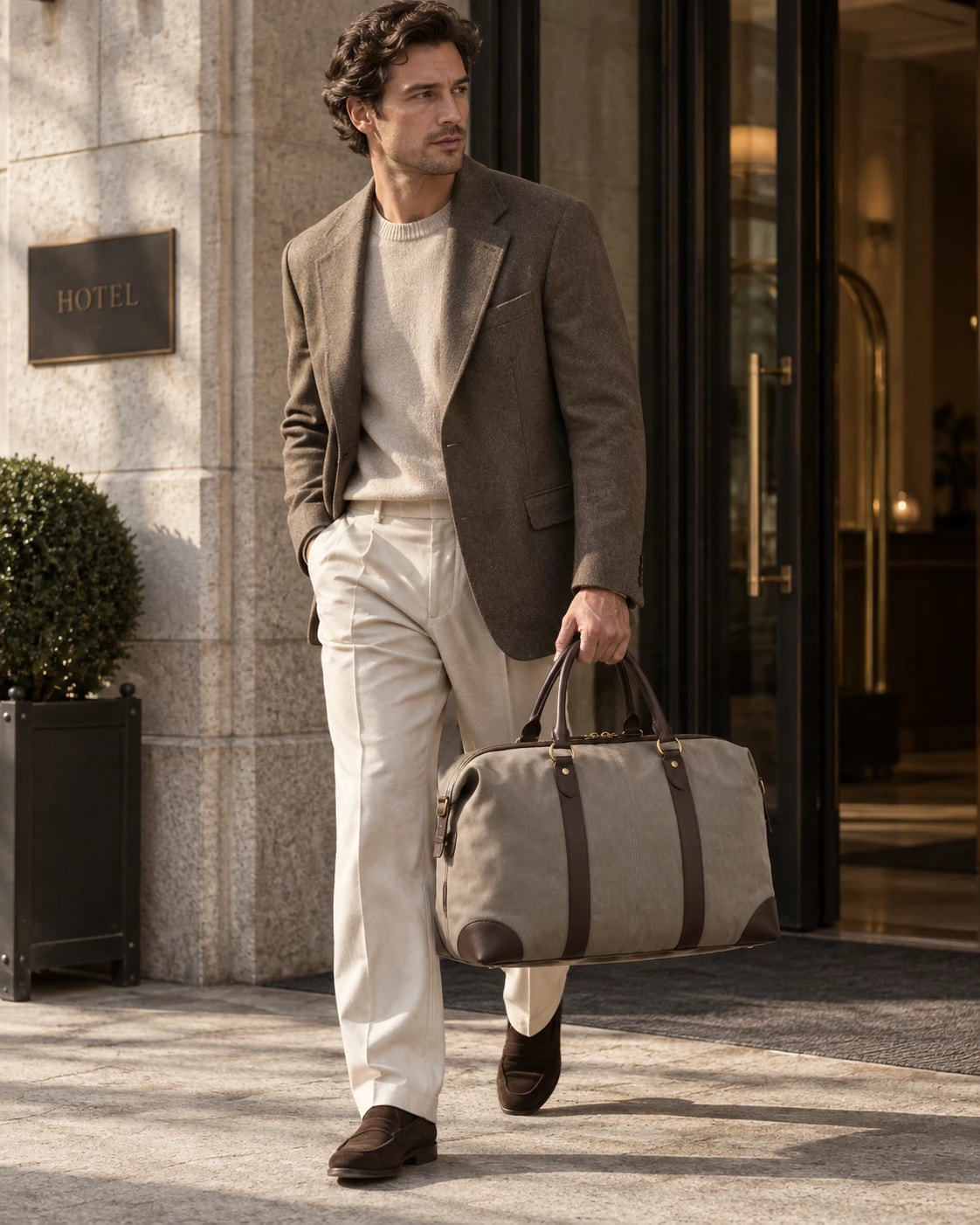 Editorial model wearing or carrying Warm Grey Soft Weekender from the front