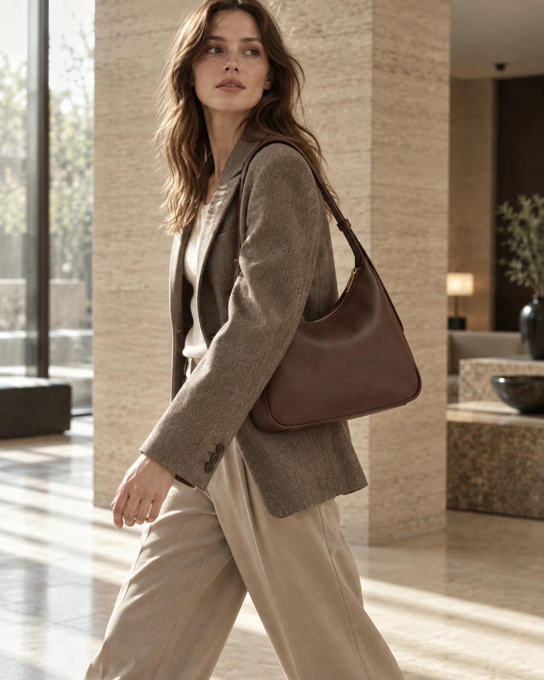 Editorial model wearing or carrying Espresso Soft Shoulder Bag from the front
