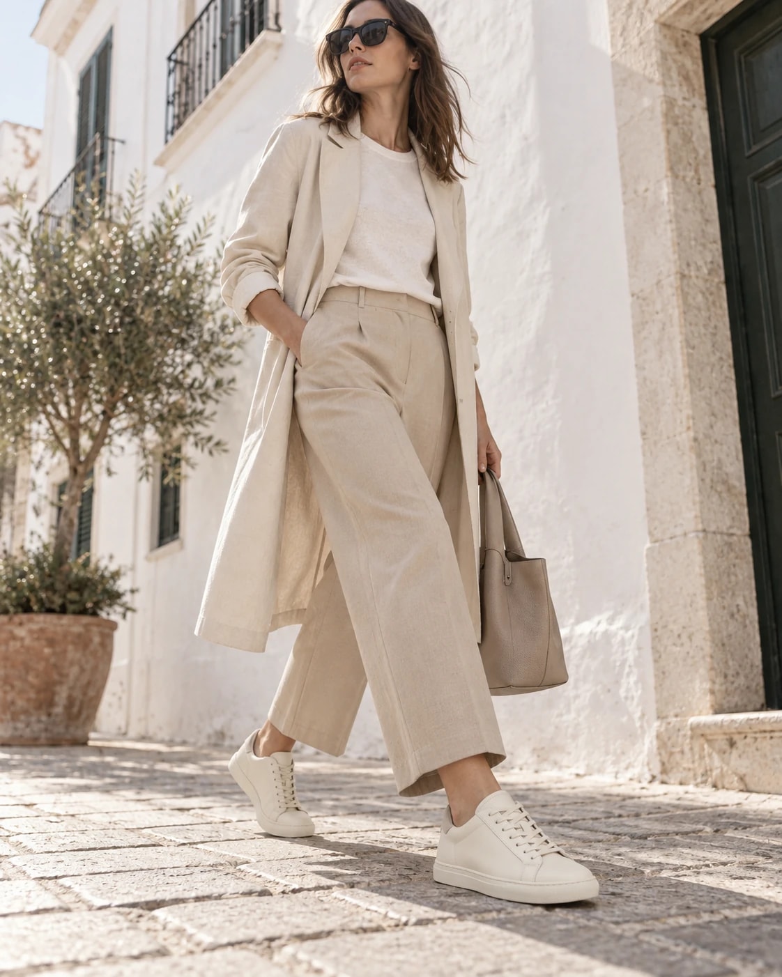 Editorial model wearing or carrying Ivory Leather Court Sneaker from the front