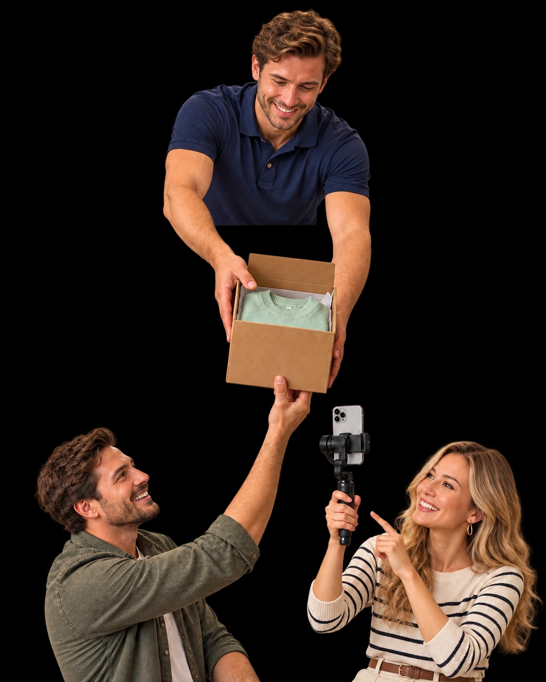 A European supplier handing a garment box to a European merchant while a European Creator films the exchange