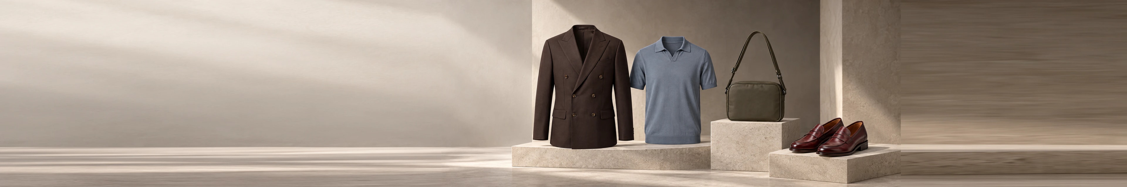Men’s tailored garments and accessories arranged in a warm neutral studio
