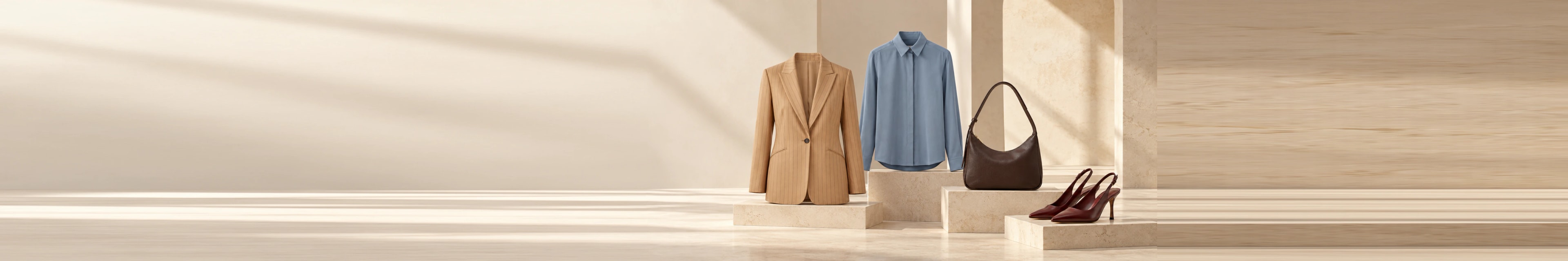 Women’s tailored garments and accessories arranged in a warm neutral studio