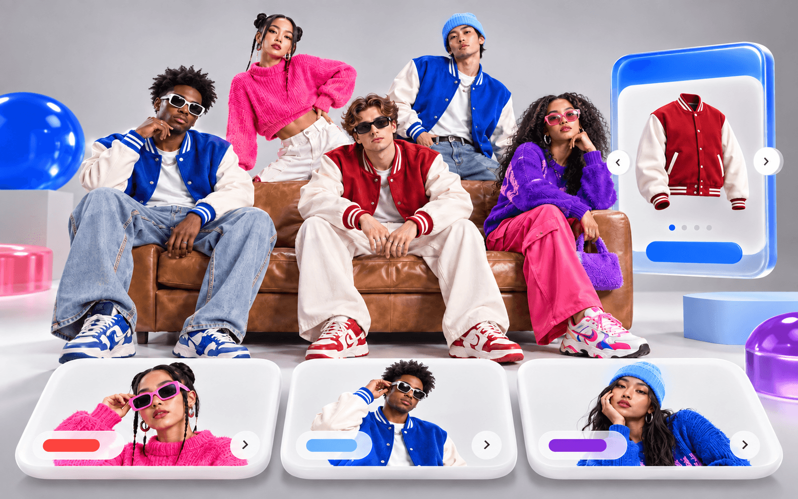 Fashion collection presented through colorful digital commerce cards