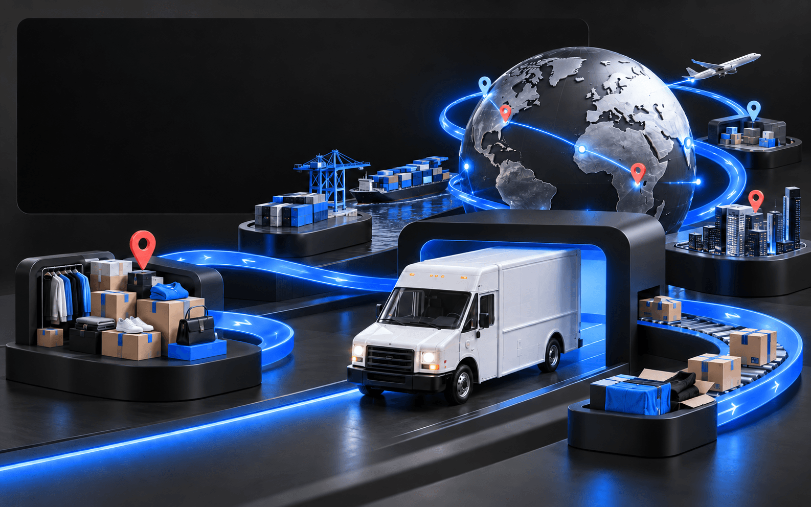 Global fashion logistics network with shipping routes, parcels, and delivery transport