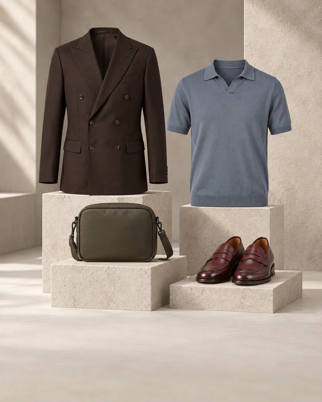 Men’s tailored garments and accessories arranged in a warm neutral studio