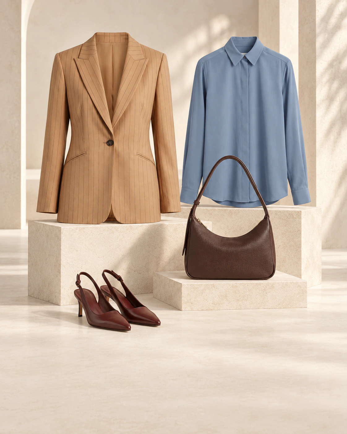 Women’s tailored garments and accessories arranged in a warm neutral studio