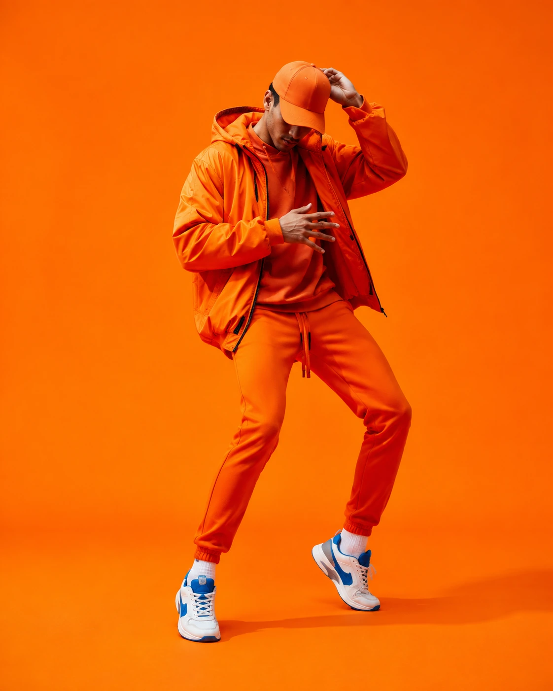Fashion creator in a vivid orange streetwear look