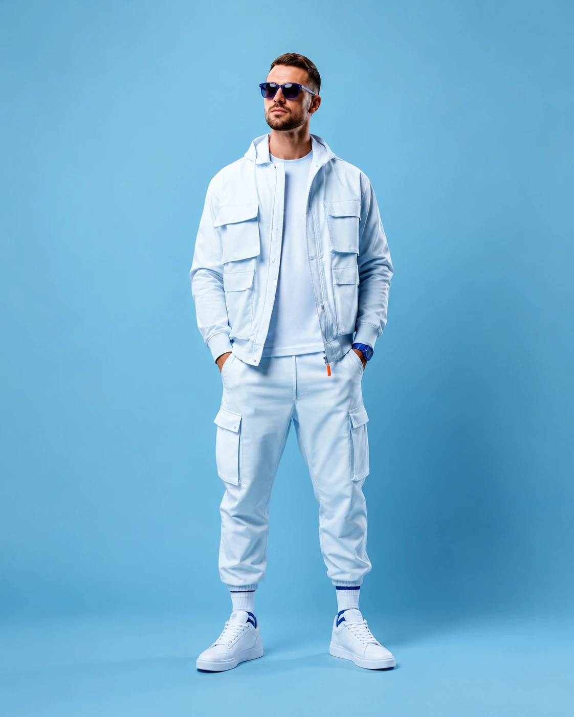 Fashion creator presenting an ice-blue streetwear look